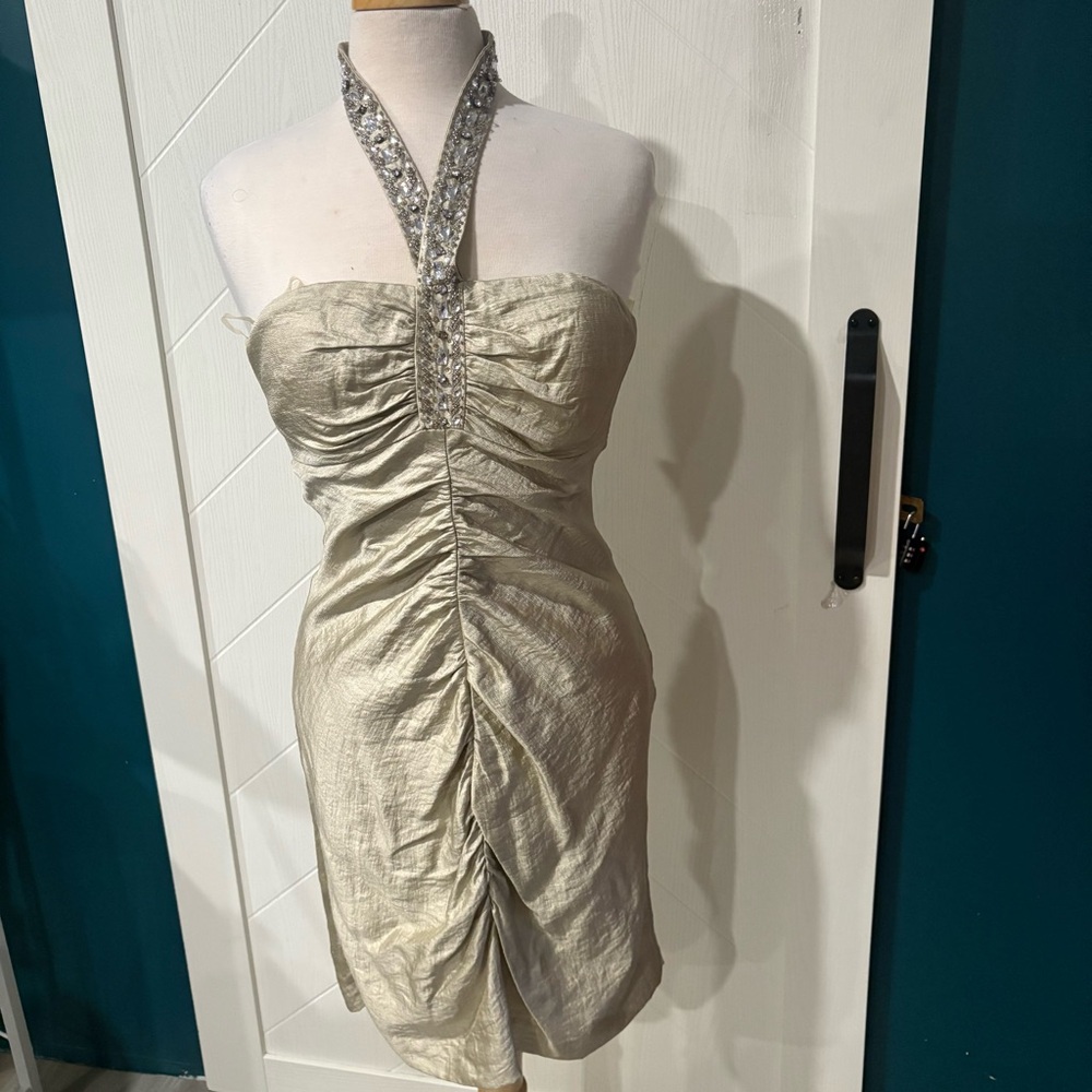 Champagne Embellished Halter Cocktail Dress –‎ Women’s Medium Event/Wedding